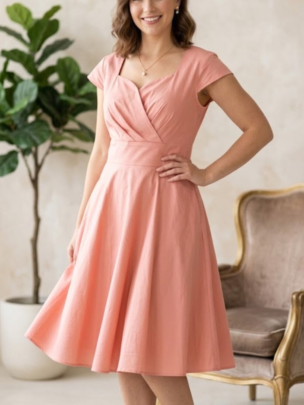 Hanpceirs 1950s Vintage Retro Swing Dress Dusty Pink Cap Sleeve Rockabilly Sz L.